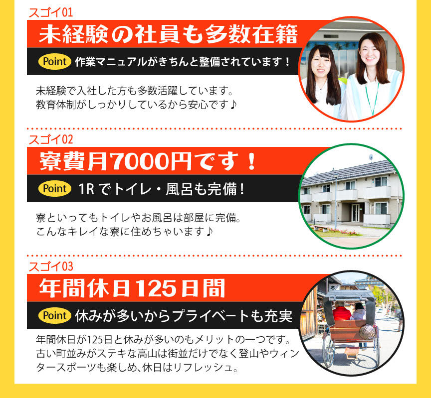 未経験の社員も多数在籍。作業マニュアルがきちんと整備されています。未経験入社した方も多数活躍しています。教育体制がしっかりしているから安心です。寮費月7000円です!1Rでトイレと風呂も完備!寮といってもトイレやお風呂は部屋に完備。こんなきれいな寮に住めちゃいます♪年間休日125日間。休みが多いからプライベートも充実。年間休日が125日間と休みが多いのもメリットの1つです。古い町並みがステキな高山は町並みだけでなく登山やウィンタースポーツも楽しめ、休日もリフレッシュ。