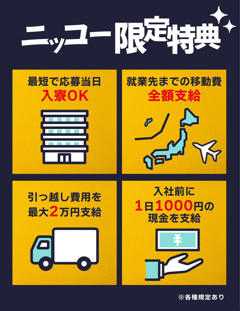 最短で応募当日入寮・就業先までの移動費全額支給などのニッコー限定特典