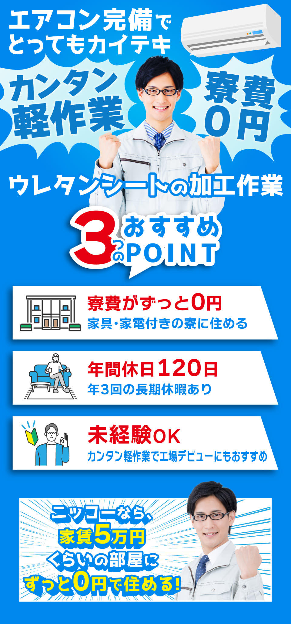 ウレタンシートを加工する軽作業 寮費無料・年間休日120日・未経験OK