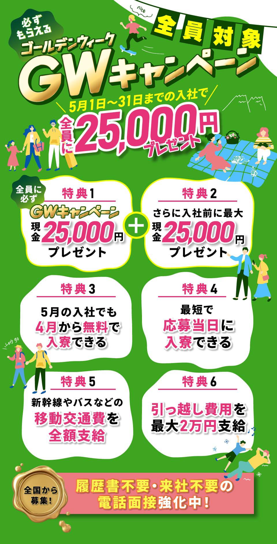 【全員対象】必ず現金2.5万円プレゼント！5/13までGWキャンペーン実施中！